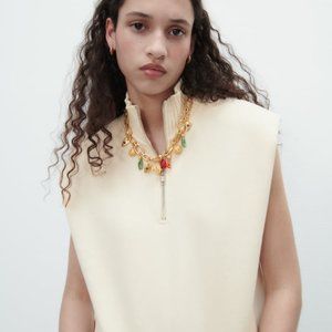 NEW Zara PLUSH VEST WITH SHOULDER PADS ECRU